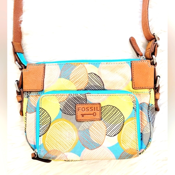 Fossil Blue Mustard Gray Geo Canvas Small Crossbody Bag Purse Organizer - Read - Picture 1 of 16